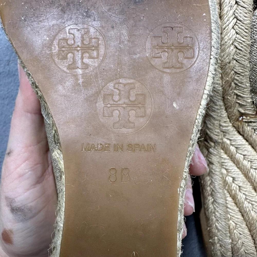 Tory Burch Filipa Espadrille Wedge Heels 8B Tan Canvas Peep Toe Platform